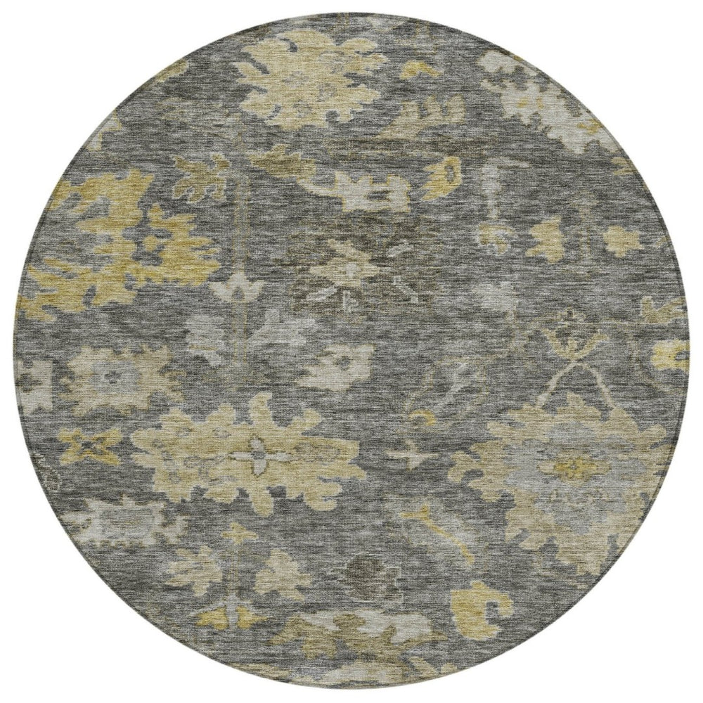 HomeRoots 5' Gray and Charcoal Floral Area Rug - Versatile, Washable Indoor/Outdoor Design for Elegant Spaces 8' Round 604128