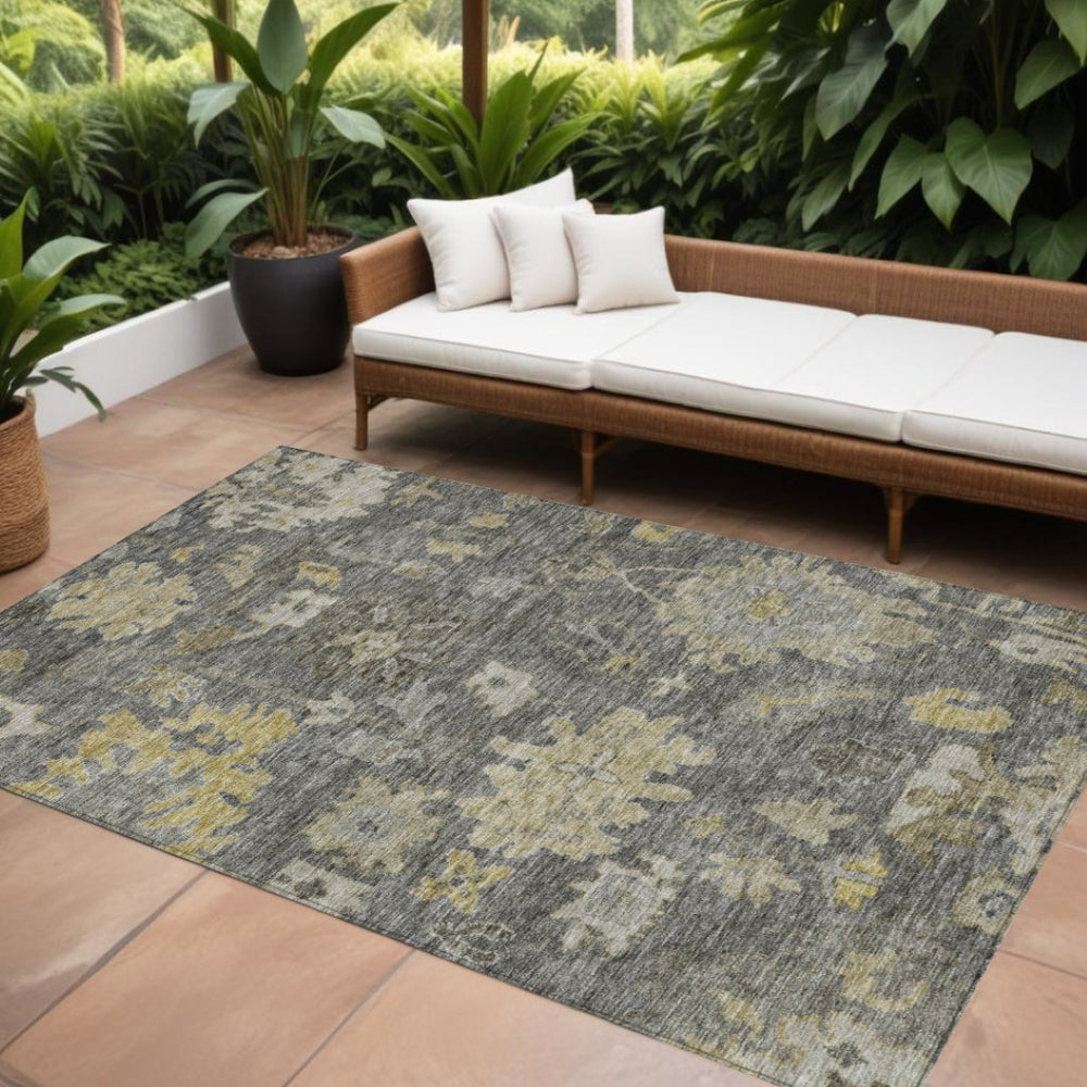 HomeRoots 9' X 12' Gray Charcoal Floral Washable Rug - Durable Indoor/Outdoor Design for High-Traffic Spaces 604130