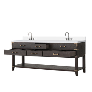 English Elm Brown Oak Double Bath Vanity With White Quartz Top, Soft-Close Drawers, Faucet Set Included, 80" W B2731P260339