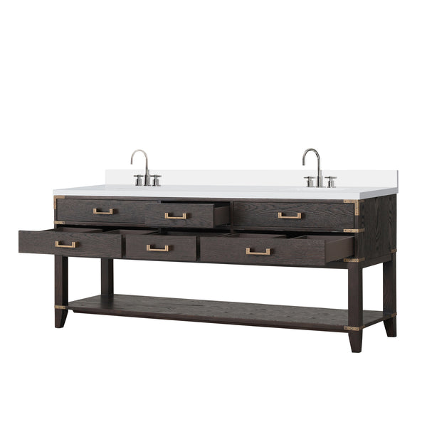 English Elm Brown Oak Double Bath Vanity With White Quartz Top, Soft-Close Drawers, Faucet Set Included, 80" W B2731P260339