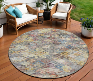 HomeRoots 5' Elegant Floral Area Rug in Gold, Blue & Brown – Durable, Washable Design for Indoor & Outdoor Use 8' Round 604152