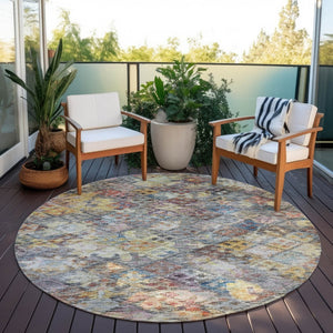 HomeRoots 5' Elegant Floral Area Rug in Gold, Blue & Brown – Durable, Washable Design for Indoor & Outdoor Use 8' Round 604152