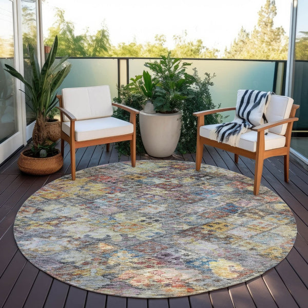 HomeRoots 5' Elegant Floral Area Rug in Gold, Blue & Brown – Durable, Washable Design for Indoor & Outdoor Use 8' Round 604152