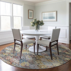 HomeRoots 5' Elegant Floral Area Rug in Gold, Blue & Brown – Durable, Washable Design for Indoor & Outdoor Use 8' Round 604152