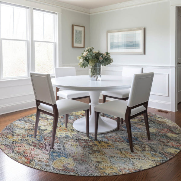 HomeRoots 5' Elegant Floral Area Rug in Gold, Blue & Brown – Durable, Washable Design for Indoor & Outdoor Use 8' Round 604152