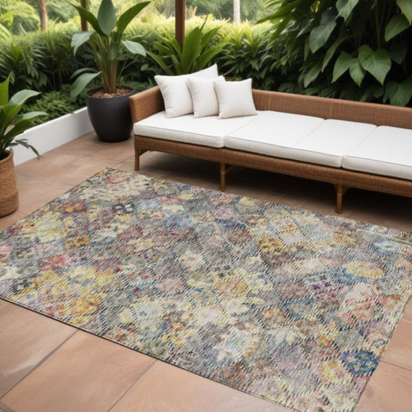 HomeRoots 9' X 12' Durable Floral Area Rug in Gold, Blue & Brown - Washable, Versatile for Indoor/Outdoor Use 604154