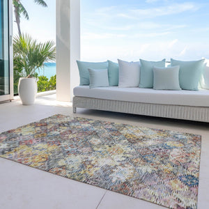HomeRoots 9' X 12' Durable Floral Area Rug in Gold, Blue & Brown - Washable, Versatile for Indoor/Outdoor Use 604154