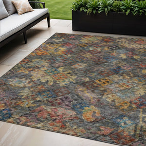 HomeRoots 5' Timeless Floral Area Rug in Gray-Green and Terra Cotta - Durable, Washable for Indoor/Outdoor Use 5' X 8' 604157