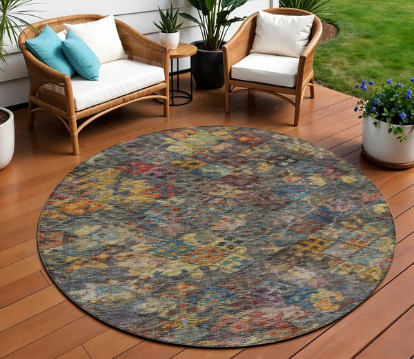 HomeRoots 5' Timeless Floral Area Rug in Gray-Green and Terra Cotta - Durable, Washable for Indoor/Outdoor Use 8' Round 604158