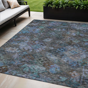 HomeRoots 5' Vibrant Teal Blue and Charcoal Floral Washable Area Rug – Perfect for Indoor and Outdoor Spaces! 5' X 8' 604163