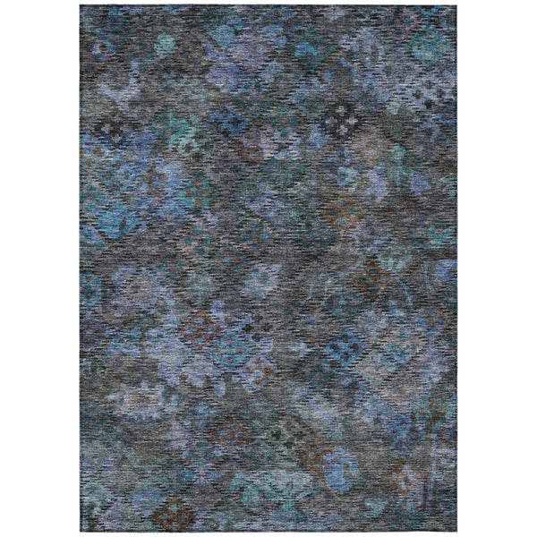 HomeRoots 5' Vibrant Teal Blue and Charcoal Floral Washable Area Rug – Perfect for Indoor and Outdoor Spaces! 5' X 8' 604163