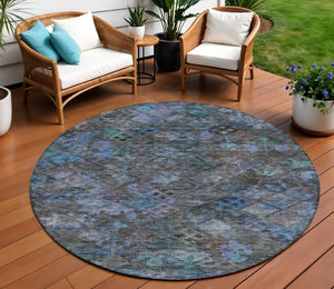 HomeRoots 5' Vibrant Teal Blue and Charcoal Floral Washable Area Rug – Perfect for Indoor and Outdoor Spaces! 8' Round 604164
