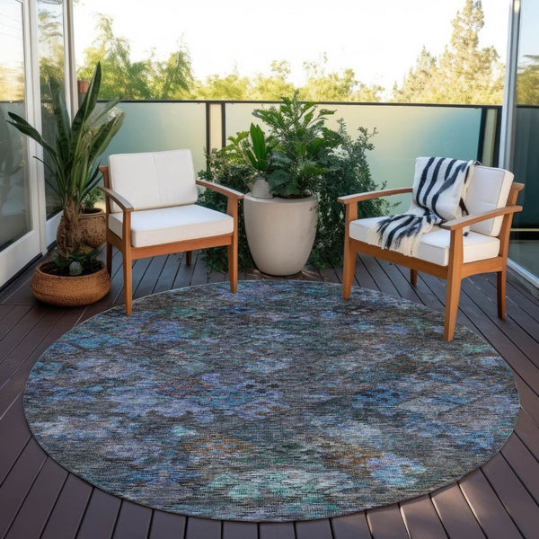 HomeRoots 5' Vibrant Teal Blue and Charcoal Floral Washable Area Rug – Perfect for Indoor and Outdoor Spaces! 8' Round 604164