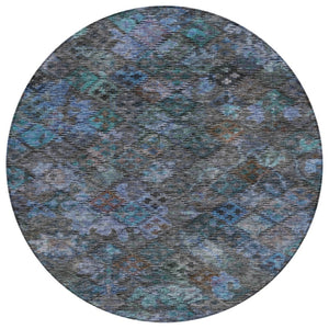 HomeRoots 5' Vibrant Teal Blue and Charcoal Floral Washable Area Rug – Perfect for Indoor and Outdoor Spaces! 8' Round 604164