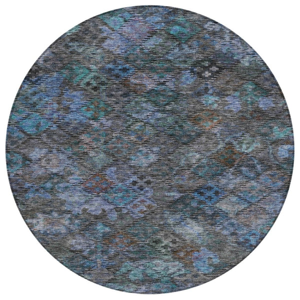 HomeRoots 5' Vibrant Teal Blue and Charcoal Floral Washable Area Rug – Perfect for Indoor and Outdoor Spaces! 8' Round 604164