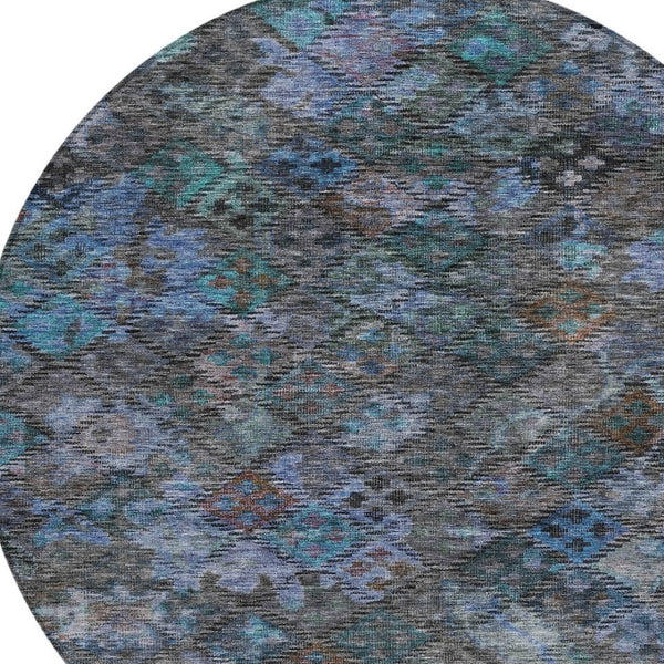 HomeRoots 5' Vibrant Teal Blue and Charcoal Floral Washable Area Rug – Perfect for Indoor and Outdoor Spaces! 8' Round 604164