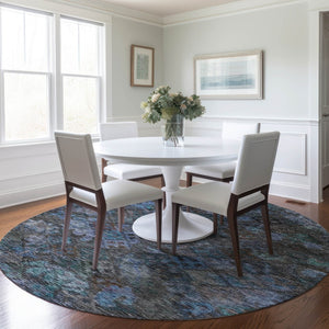 HomeRoots 5' Vibrant Teal Blue and Charcoal Floral Washable Area Rug – Perfect for Indoor and Outdoor Spaces! 8' Round 604164
