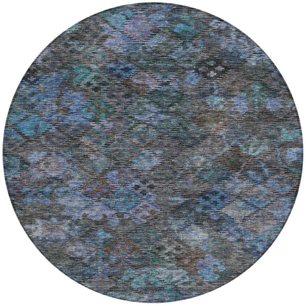 HomeRoots 5' Vibrant Teal Blue and Charcoal Floral Washable Area Rug – Perfect for Indoor and Outdoor Spaces! 8' Round 604164