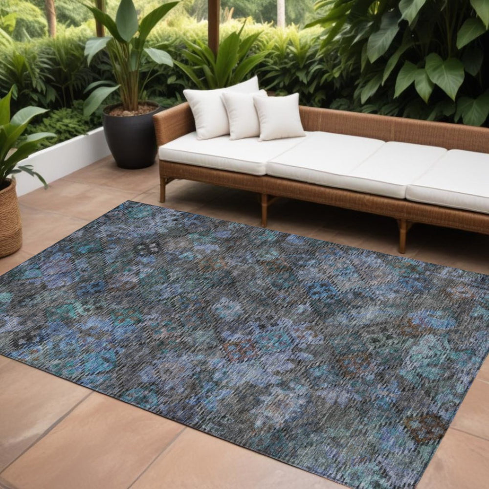 HomeRoots 5' Vibrant Teal Blue and Charcoal Floral Washable Area Rug – Perfect for Indoor and Outdoor Spaces! 8' X 10' 604165