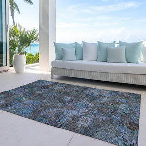 HomeRoots 5' Vibrant Teal Blue and Charcoal Floral Washable Area Rug – Perfect for Indoor and Outdoor Spaces! 8' X 10' 604165