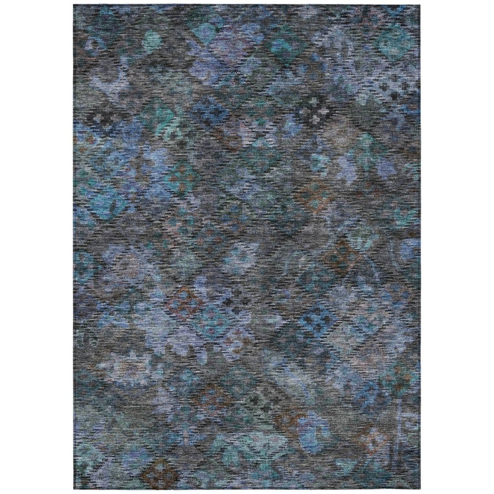 HomeRoots 5' Vibrant Teal Blue and Charcoal Floral Washable Area Rug – Perfect for Indoor and Outdoor Spaces! 8' X 10' 604165