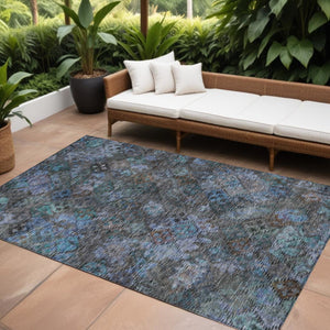 HomeRoots 5' Vibrant Teal Blue and Charcoal Floral Washable Area Rug – Perfect for Indoor and Outdoor Spaces! 10' X 14' 604167