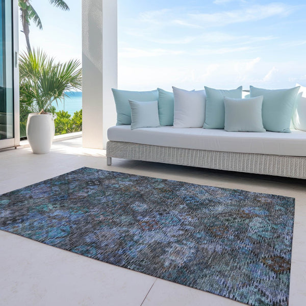 HomeRoots 5' Vibrant Teal Blue and Charcoal Floral Washable Area Rug – Perfect for Indoor and Outdoor Spaces! 10' X 14' 604167
