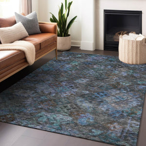 HomeRoots 5' Vibrant Teal Blue and Charcoal Floral Washable Area Rug – Perfect for Indoor and Outdoor Spaces! 10' X 14' 604167