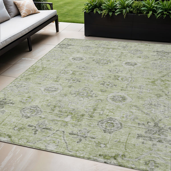 Homeroots 3' Artichoke Green Damask Washable Indoor Outdoor Area Rug – Durable, Stylish, And Stain Resistant 5' X 8' Polyester 604175
