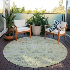 Homeroots 3' Artichoke Green Damask Washable Indoor Outdoor Area Rug – Durable, Stylish, And Stain Resistant 8' Round Polyester 604176