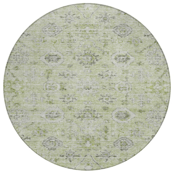 HomeRoots 5' Stylish Artichoke Green Beige Gray Damask Area Rug - Durable, Washable for Indoor & Outdoor Use 8' Round 604176