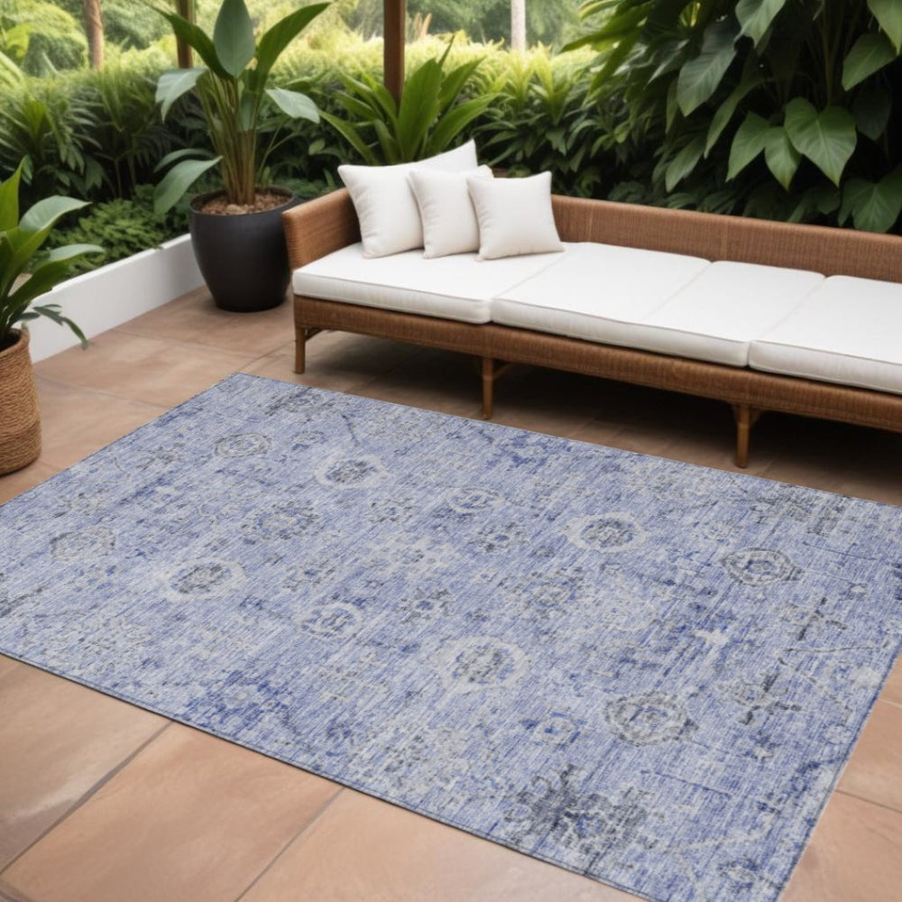 HomeRoots 9' X 12' Blue and Gray Damask Rug - Durable, Washable Design for Indoor & Outdoor Elegance and Style 604190