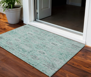 Homeroots 3' Artichoke Green Damask Washable Indoor Outdoor Area Rug – Durable, Stylish, And Stain Resistant 3' X 5' Polyester 604198