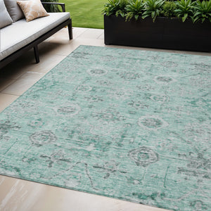 Homeroots 3' Artichoke Green Damask Washable Indoor Outdoor Area Rug – Durable, Stylish, And Stain Resistant 5' X 8' Polyester 604199