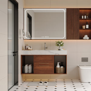 English Elm 39.4 Inch Floating Bathroom Vanity Sintered Stone Top Solid Wood 2 Soft Close Drawers W3136S00034