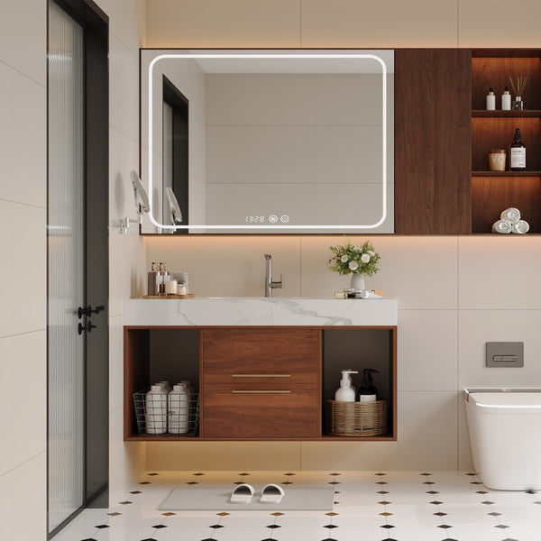 English Elm 39.4 Inch Floating Bathroom Vanity Sintered Stone Top Solid Wood 2 Soft Close Drawers W3136S00034