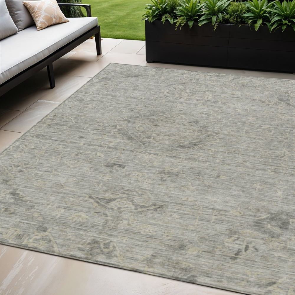 HomeRoots 5' Durable Pewter and Beige Floral Area Rug - Machine Washable for Indoor and Outdoor Use 5' X 8' 604241