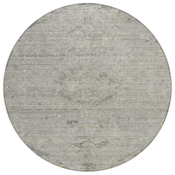 HomeRoots 5' Durable Pewter and Beige Floral Area Rug - Machine Washable for Indoor and Outdoor Use 8' Round 604242