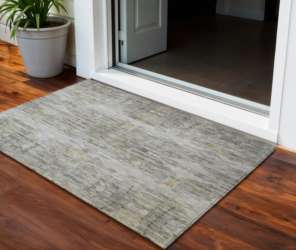 Homeroots 3' Gray Charcoal And Gold Abstract Washable Area Rug For Indoor And Outdoor Spaces, Durable Style 3' X 5' Polyester 604258