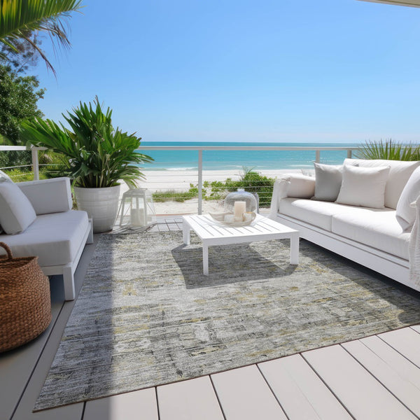 Homeroots 3' Gray Charcoal And Gold Abstract Washable Area Rug For Indoor And Outdoor Spaces, Durable Style 3' X 5' Polyester 604258