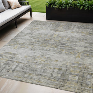 Homeroots 3' Gray Charcoal And Gold Abstract Washable Area Rug For Indoor And Outdoor Spaces, Durable Style 5' X 8' Polyester 604259