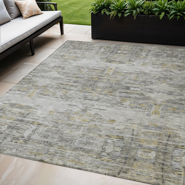 Homeroots 3' Gray Charcoal And Gold Abstract Washable Area Rug For Indoor And Outdoor Spaces, Durable Style 5' X 8' Polyester 604259