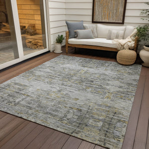 Homeroots 3' Gray Charcoal And Gold Abstract Washable Area Rug For Indoor And Outdoor Spaces, Durable Style 8' X 10' Polyester 604261