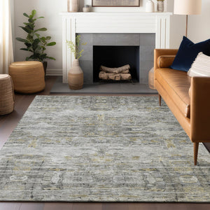 Homeroots 3' Gray Charcoal And Gold Abstract Washable Area Rug For Indoor And Outdoor Spaces, Durable Style 9' X 12' Polyester 604262