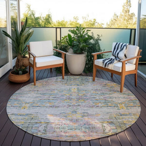 Homeroots 3' Gray Charcoal And Gold Abstract Washable Area Rug For Indoor And Outdoor Spaces, Durable Style 8' Round Polyester 604266