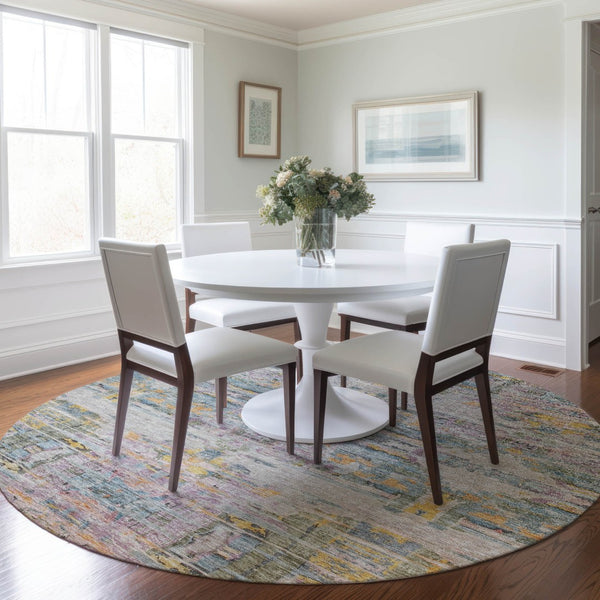 Homeroots 3' Gray Charcoal And Gold Abstract Washable Area Rug For Indoor And Outdoor Spaces, Durable Style 8' Round Polyester 604266