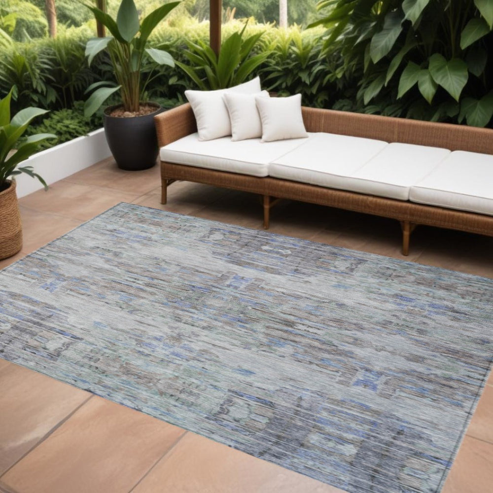 HomeRoots 5' Modern Washable Indoor/Outdoor Area Rug in Taupe Blue & Green Abstract Design for Versatile Spaces 10' X 14' 604275