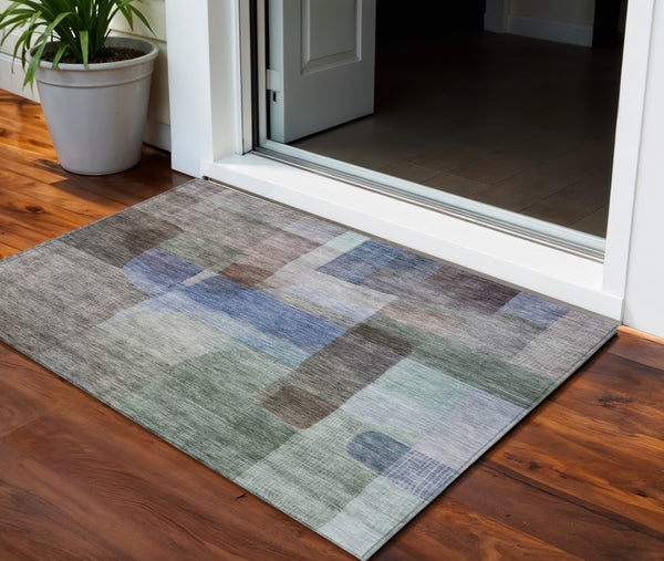 Homeroots 3' Abstract Washable Indoor Outdoor Area Rug In Brown, Green, And Blue - Durable And Stylish Decor 3' X 5' Polyester 604276