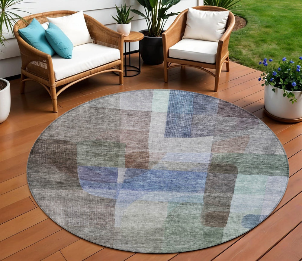 HomeRoots 5' Abstract Brown Green Blue Indoor Outdoor Area Rug – Stylish, Durable, Stain-Resistant Design! 8' Round 604278