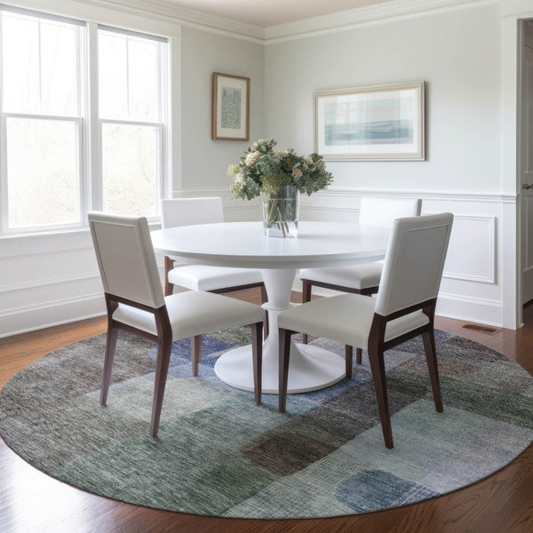 Homeroots 3' Abstract Washable Indoor Outdoor Area Rug In Brown, Green, And Blue - Durable And Stylish Decor 8' Round Polyester 604278